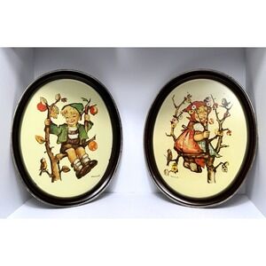 Vintage MCM Hummel Apple Tree Boy Girl Metal Trays Goebel Serving Oval Tin Trays